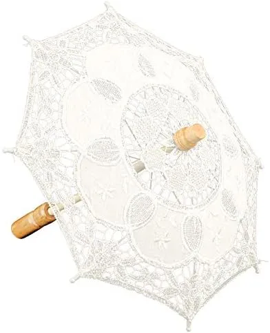 Keenso Paraguas de encaje de boda, paraguas de fotografía de manualidades de encaje, paraguas con mango de madera para mujer, decoración vintage,