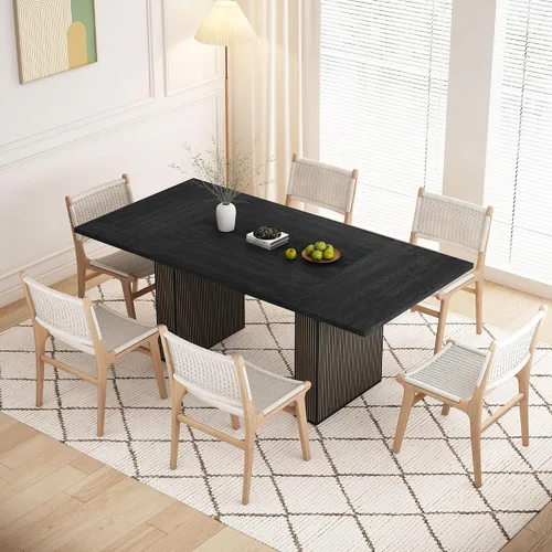 Miniatura 2 de QHITTY mesa de comedor acanalada de 78 pulgadas de madera para 6 a 10 personas, mesa larga rectangular de estilo campestre con base de tiras