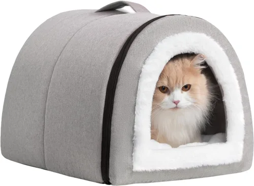 Miniatura 9 de Hollypet Cama para gatos autocalentable para gatitos, cabaña, nido de mascotas, cama para dormir para gatos de interior, amarillo, cueva de piña