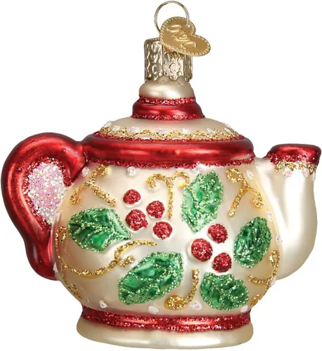 Miniatura 3 de Old World Christmas Adornos: Regalos de café y té Adornos soplados de vidrio para árbol de Navidad, tetera de acebo 3 X 3.25 X 2.25
