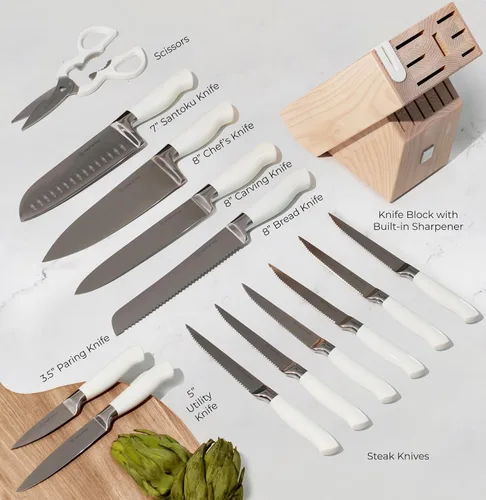 Miniatura 4 de Styled Settings Juego de cuchillos blancos con bloque y afilador, cuchillos de acero inoxidable de alto carbono de 14 piezas con bloque de madera