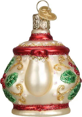 Miniatura 4 de Old World Christmas Adornos: Regalos de café y té Adornos soplados de vidrio para árbol de Navidad, tetera de acebo 3 X 3.25 X 2.25