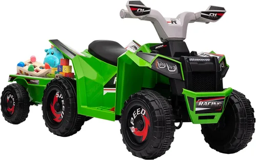 Aosom Coche ATV Cuatriciclo para Niños con Remolque Trasero, Coche Eléctrico de Paseo de 6V con Función de Avance y Retroceso, Ruedas Resistentes al