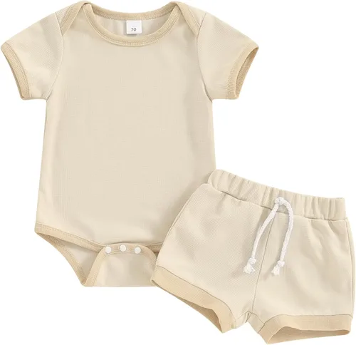 Ropa de verano para recién nacido, ropa acanalada de manga corta, pantalones cortos de cintura elástica sólida, traje de primavera