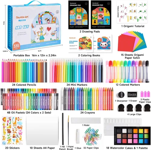 Miniatura 3 de Shuttle Art Juego de Arte para Niños de 335 Piezas, Suministros de Arte Multimedia, Kit de Arte de Regalo con Caballete Tríptico, 2 Blocs de Dibujo