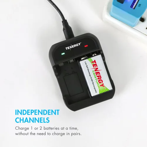 Miniatura 6 de Tenergy TN141 Cargador inteligente de 2 bahías 9V con paquete de 2 baterías recargables de baja autodescarga 9V NiMH Centura