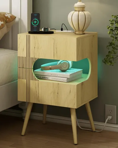 Miniatura 10 de JOONEE Mesita de noche negra con estación de carga y luces LED, moderna mesita de noche con 2 cajones de almacenamiento, mesita de noche con patas