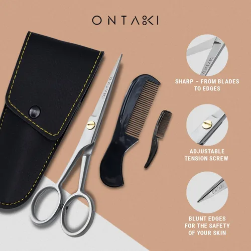 Miniatura 2 de Ontaki Tijeras para recortar barba y bigote, 5 pulgadas, color plateado, paquete de 1, kit de cuidado de bigote con peine de viaje, bolsa de viaje