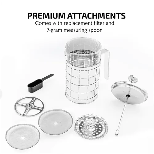 Miniatura 7 de OVENTE Cafetera de prensa francesa de 27 onzas con vidrio de borosilicato resistente al calor, diseño de acero inoxidable y sistema de filtro de 4