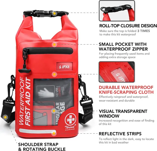 Miniatura 2 de Kit de primeros auxilios impermeable de 250 piezas, bolsa seca reflectante con tapa enrollable para barco, bolsas de emergencia, kit médico