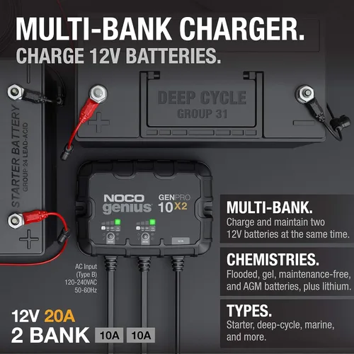 Miniatura 2 de NOCO Genius GENPRO10X2: Cargador de batería a bordo de 2 bancos y 20 A, 10 A por banco, cargador marino impermeable de 12 V con protección contra