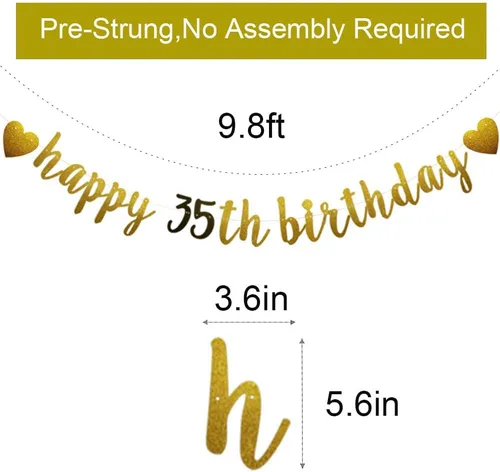 Miniatura 2 de Betteryanzi - Cartel de feliz cumpleaños número 35, guirnalda de papel con purpurina dorada y negra para suministros de decoración de fiesta