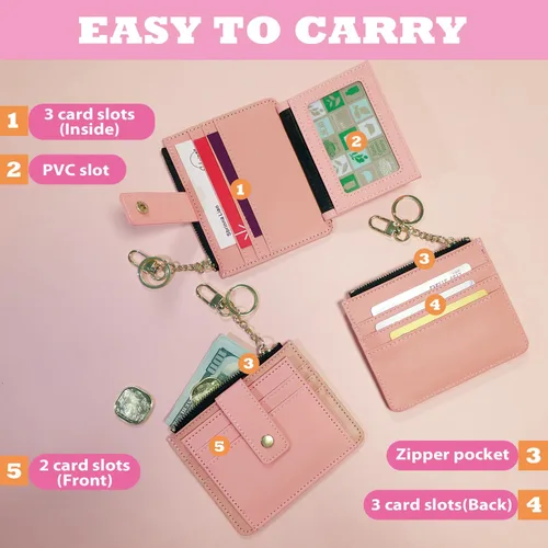 Miniatura 3 de Deziliao Funda delgada para tarjetas de crédito con bloqueo Rfid para mujer, cartera con cremallera, cartera pequeña y compacta de cuero