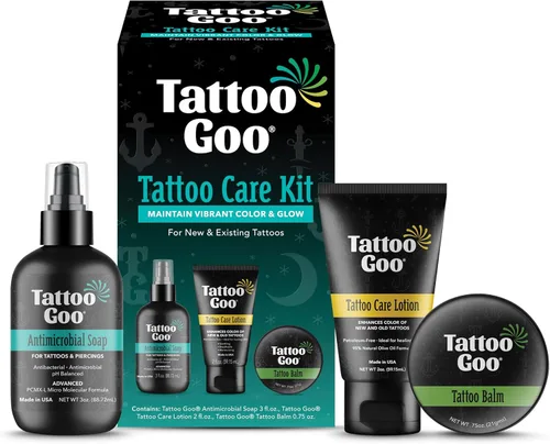 Tattoo Goo El kit de cuidado posterior incluye jabón antimicrobiano, bálsamo y loción, cuidado del tatuaje para mejorar el color + curación rápida,