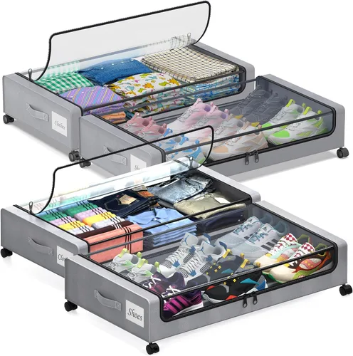 Almacenamiento debajo de la cama con ruedas, paquete de 4 contenedores de almacenamiento debajo de la cama con tapas transparentes, XXL 60L