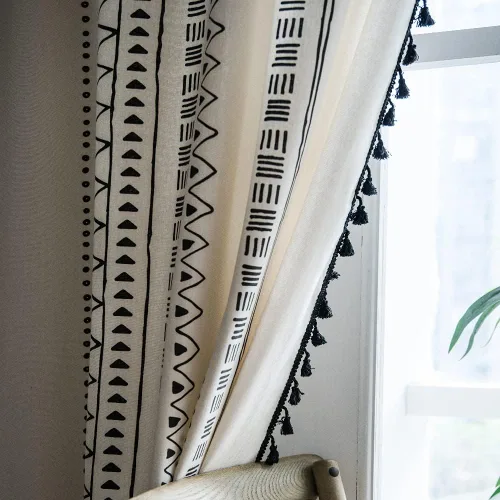 Miniatura 9 de Deeprove Cortinas bohemias para dormitorio, rayas huecas de ganchillo crema y estampado floral, tela de lino de algodón, con borlas beige bohemias