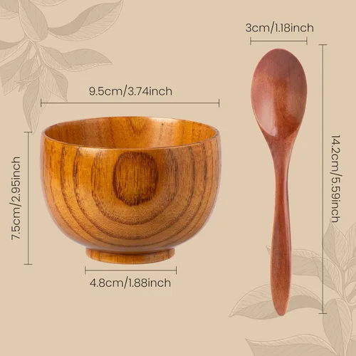 Miniatura 2 de Juego de 2 cuencos de madera para alimentos, pequeños cuencos de madera con cucharas de madera para postre aperitivos, sopa, juego de vajilla
