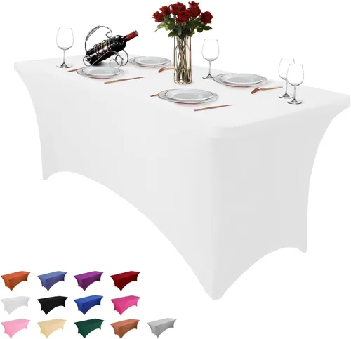 Miniatura 10 de Paquete de 2 manteles rectangulares de 4 pies para manteles rectangulares color gris azulado, elásticos, manteles de elastano para eventos