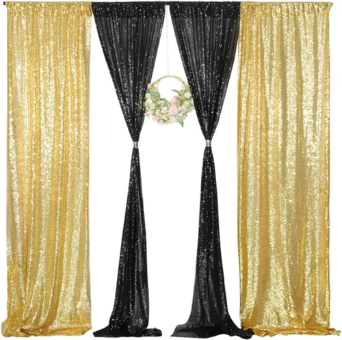 Miniatura 2 de 4 paneles de cortina de lentejuelas negras y doradas de 2 x 8 pies, cortinas de fondo de lentejuelas con purpurina para decoración de fiesta
