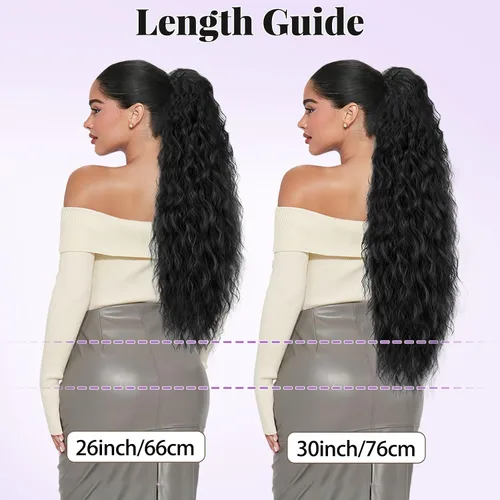 Miniatura 9 de Extensión de cola de caballo con cordón, extensión de cola de caballo larga y rizada para mujeres negras, extensiones de cabello negro de 26
