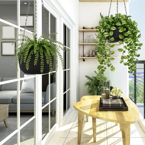 Miniatura 6 de Juego de 2 macetas colgantes para plantas de interior y exterior, macetas colgantes de riego automático de 8 pulgadas con platillo interno, orificio
