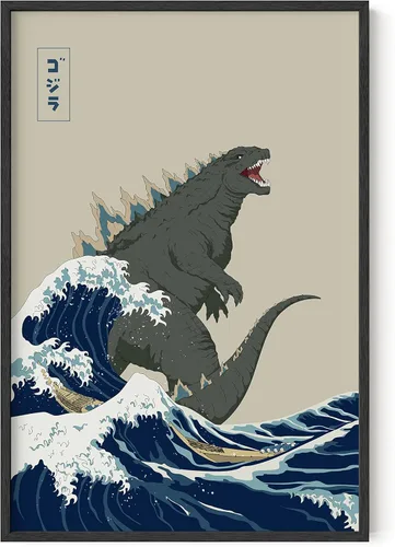 Miniatura 20 de HAUS AND HUES Arte de pared japonés - Póster de rey de monstruos, gran ola, marco negro, 12 x 16 pulgadas Gran Ola Vs. Godzilla
