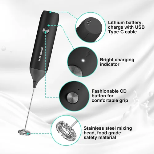 Miniatura 5 de HAUSHOF Potente varita espumadora de leche recargable, máquina de espuma eléctrica de mano, mezclador de bebidas con batidor de acero inoxidable