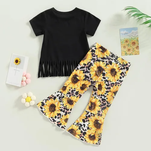 Miniatura 105 de fhutpw Conjunto de camiseta de manga corta con estampado de vaca y pantalones acampanados de dibujos animados para niñas