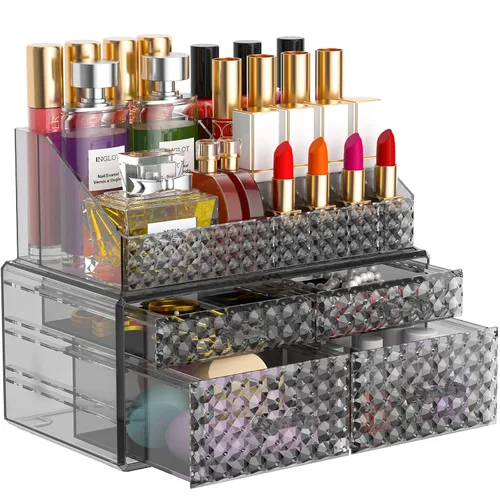 Miniatura 10 de Paquete de 3 organizadores de maquillaje apilables [actualizados], estuches de almacenamiento de cosméticos acrílicos con 8 cajones organizadores