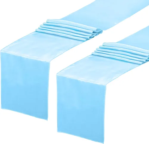 Miniatura 15 de Paquete de 5 caminos de mesa de satén azul bebé de 12 x 108 pulgadas de largo, satén brillante y sedoso para decoración de fiesta de cumpleaños