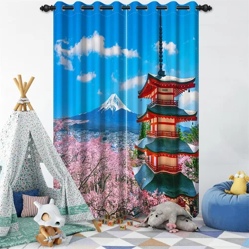 Miniatura 150 de Cortinas japonesas con pintura de tinta, monte Fuji, sol rojo, puesta de sol, hojas de bambú, cortinas de ventana para dormitorio, sala de estar