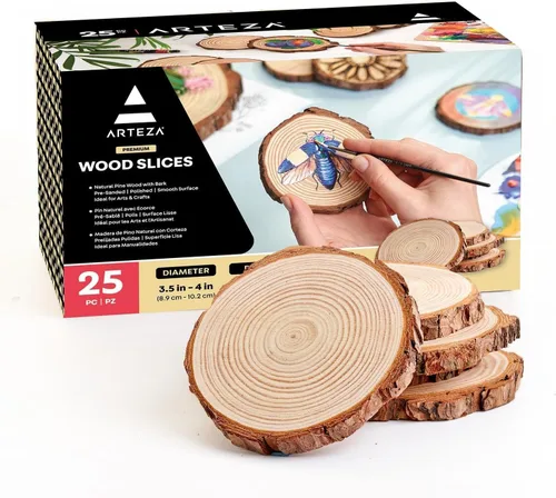 ARTEZA Rebanadas de madera natural, 3.5-4 pulgadas de diámetro, juego de 25, discos de madera de pino redondo marrón con corteza para manualidades,