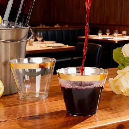 Miniatura 5 de Ciaell 300 vasos de plástico dorados – Vasos de plástico resistentes de 9 onzas – Copa desechable con borde dorado – Taza de vino transparente