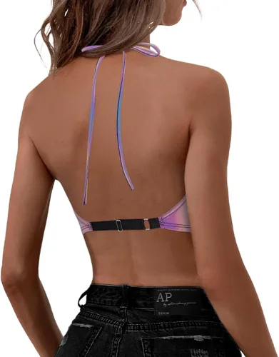 Miniatura 4 de Mocure Camiseta sin mangas holográfica reflectante metálica para mujer, para Rave Festival Club
