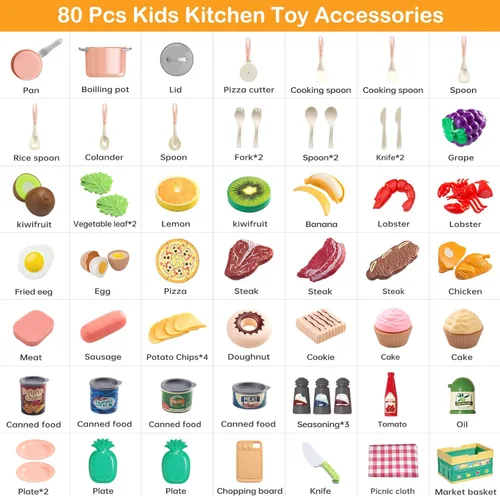 Miniatura 4 de 80 piezas de juego de cocina de simulación para niños pequeños, juego de utensilios de cocina con ollas/sartenes/comida/frutas/verduras/manta de Rosa