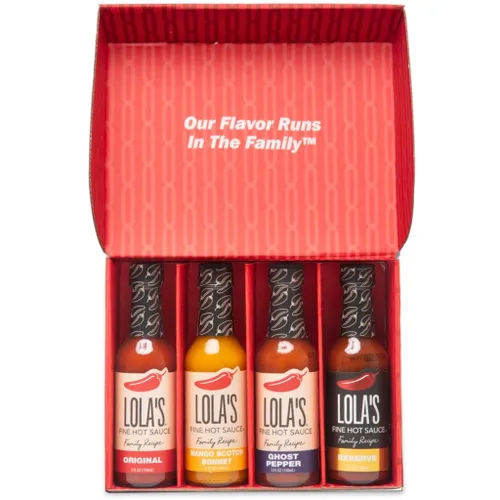 Set de Regalo de 4 Botellas de Salsa Picante Lola's Fine Hot Sauce, Incluye Salsa Picante Lola's Original, Pimienta Fantasma, Mango Scotch Bonnet y