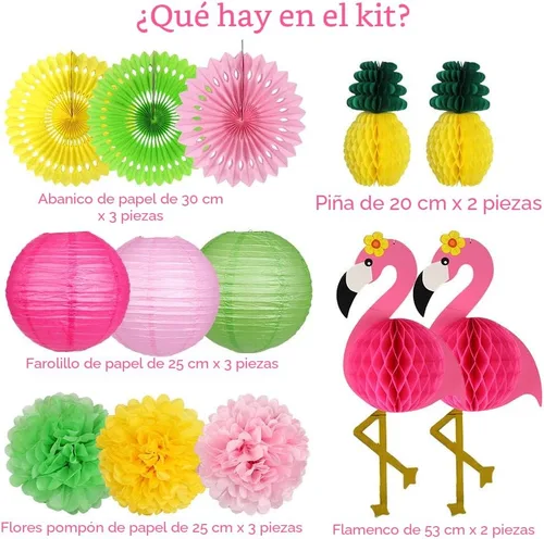 Miniatura 2 de YUNXUAN Suministros de fiesta de flamenco, decoraciones de fiesta hawaiana de flamenco y piña, bolas de panal, faroles de papel, abanicos de papel