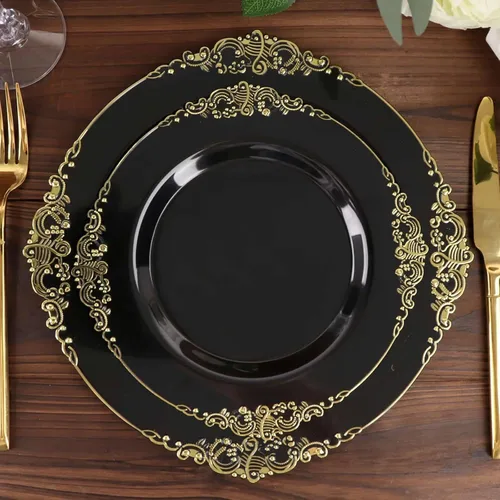 Efavormart - Paquete de 10 platos de postre barrocos negros y dorados de 8 pulgadas, platos de aperitivo resistentes con borde metálico en relieve