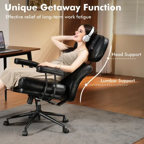 Miniatura 5 de Silla de oficina ejecutiva de respaldo alto con asiento profundo y cómodo, silla de oficina moderna de piel sintética negra, silla de escritorio
