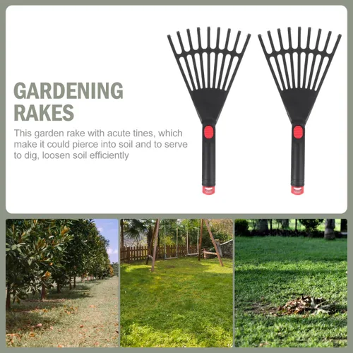 Miniatura 9 de Rastrillo de hojas de plástico con mango corto, rastrillo de jardín para césped, césped, camas de flores y hojas de limpieza