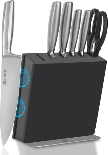 Miniatura 11 de X50CrMoV15 - Juego de cuchillos de cocina con bloque, juego de cuchillos de acero alemán de alto carbono X50CrMoV15 con 6 cuchillos dentados