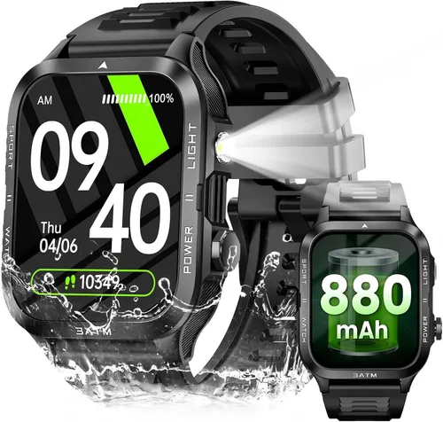 Relojes inteligentes militares para hombre (responder/hacer llamadas) con potente linterna de 1.96 pulgadas HD, reloj inteligente táctico al aire