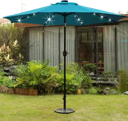 Miniatura 5 de Sunnyglade Sombrilla de patio con luz LED solar de 9 pies con 8 varillas/ajuste de inclinación y sistema de elevación de manivela (azul turquesa)
