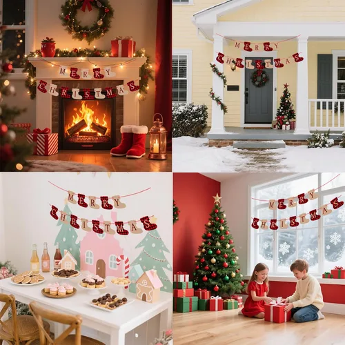 Miniatura 5 de Cartel de Feliz Navidad, decoraciones navideñas preencordadas de búfalo a cuadros, decoraciones navideñas con forma de calcetín, letrero de Feliz