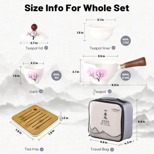 Miniatura 2 de LURRIER Juego de té chino de porcelana Gongfu, juego de tetera portátil con rotación de 360 grados, tetera y embudillo, todo en una bolsa de regalo