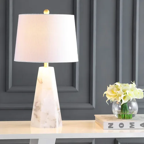 Miniatura 3 de JONATHAN Y Lámpara de mesa moderna de alabastro natural/latón dorado de 25.5 pulgadas para dormitorio, pantalla de lino blanco, lámpara de mesita