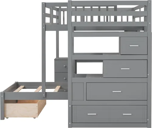 Miniatura 4 de RUNNA Litera matrimonial sobre individual con escritorio, cajones y escaleras, litera de madera maciza para niños, niñas, adolescentes y adultos