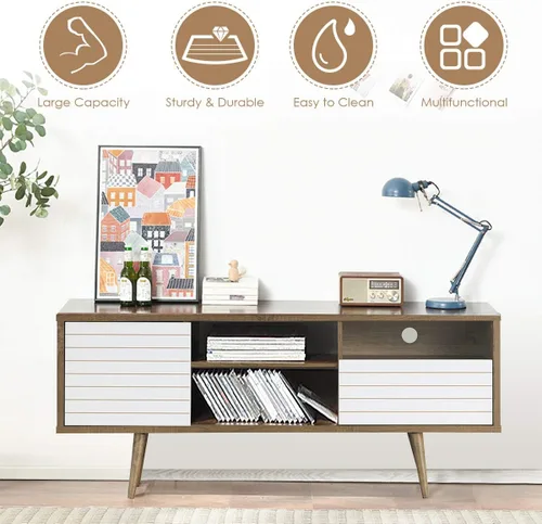 Miniatura 6 de Tangkula Soporte de TV moderno Mid-Century para televisores de hasta 70 pulgadas, mesa consola de madera con estantes de almacenamiento, gabinete