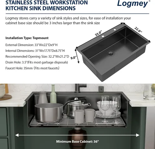 Miniatura 3 de Logmey Fregadero de cocina negro 33x22 empotrable, estación de trabajo de fregadero de cocina, SUS304 calibre 16 acero inoxidable, tazón individual