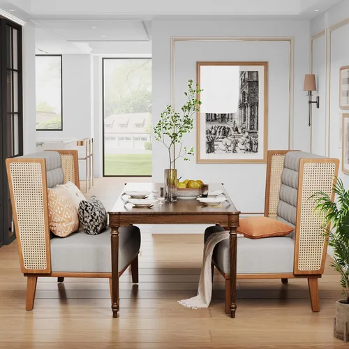 Miniatura 7 de Andeworld Banco de sofá biplaza con brazos de ratán, mini sofá tapizado moderno con respaldo alto, banco de comedor para banqueta para sala de Beige